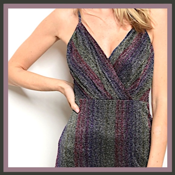 Rainbow Striped Metallic Bodycon V Neck Mini Rave - Picture 3 of 8
